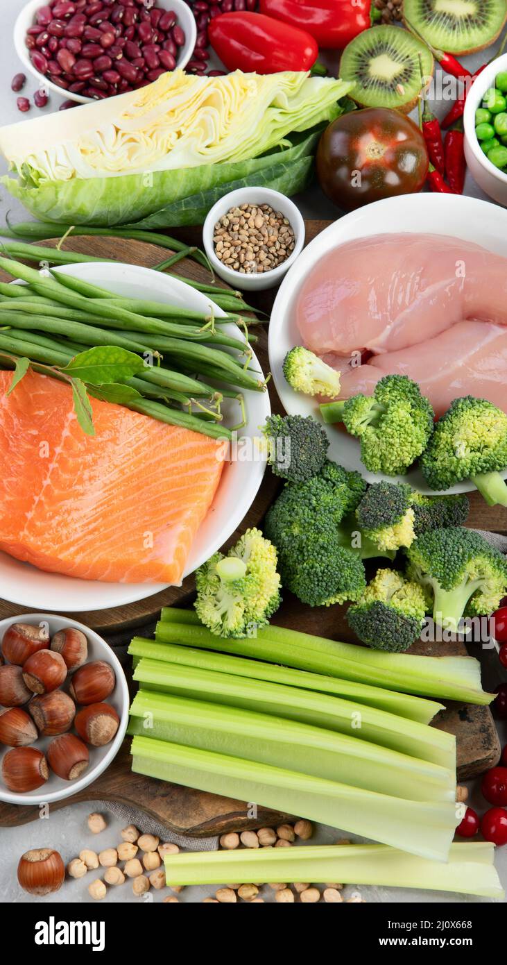 Foods with low glycemic index on gray background. Healthy food concept. Top view, flat lay Stock Photo