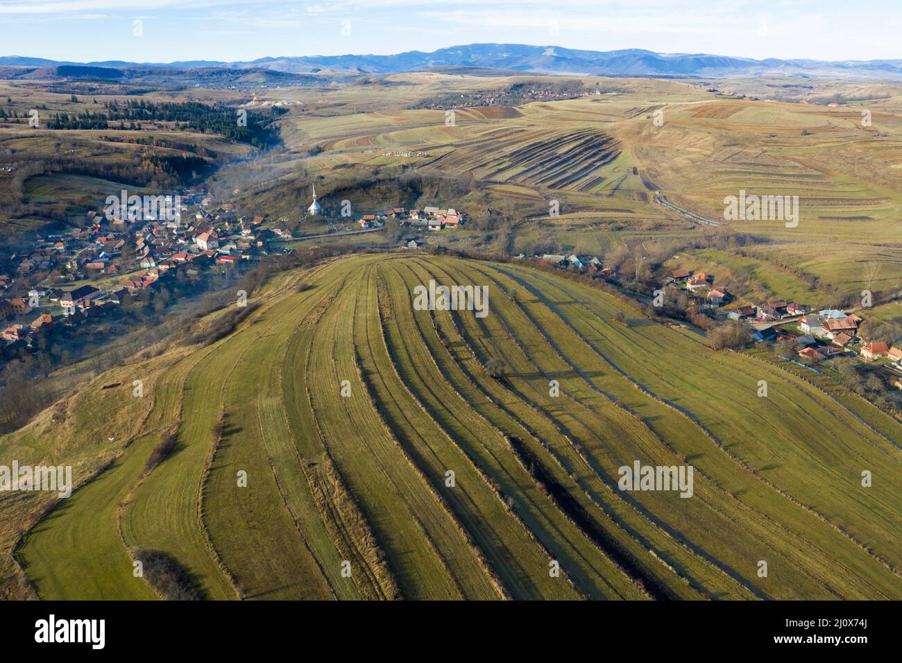 Aerial view of a small countryside village in the autumn. Bedeciu, Romania Stock Photo