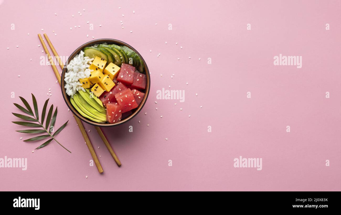 Flat lay assortment delicious poke bowl. High quality beautiful photo concept Stock Photo