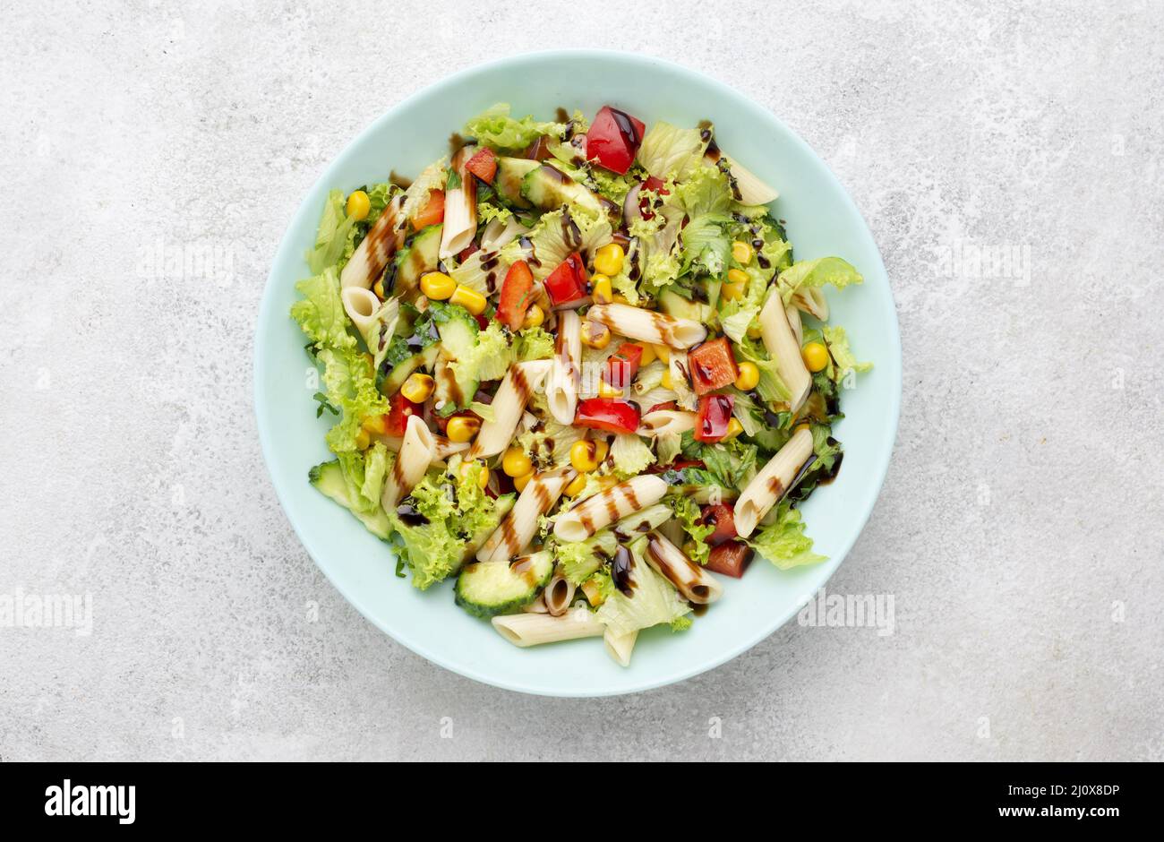 Top view pasta salad with balsamic vinegar. High quality beautiful