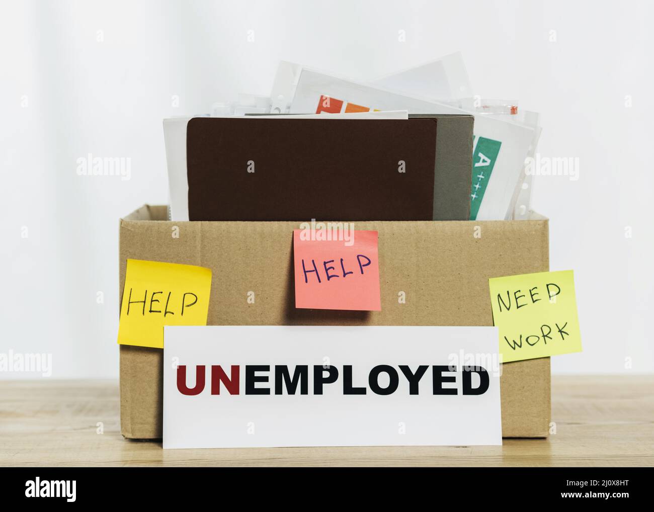 Arrangement with box unemployed sign. High quality beautiful photo concept Stock Photo