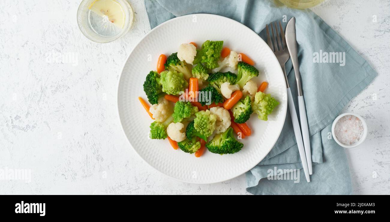 Mix of boiled vegetables. Broccoli, carrots, cauliflower. Steamed