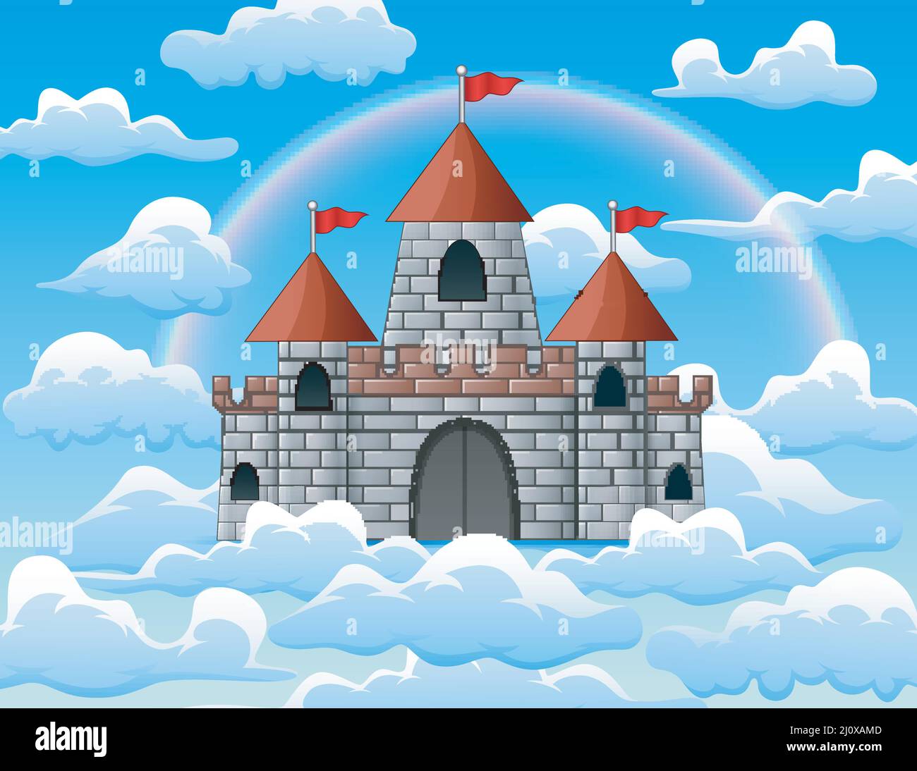 Fantasy flying island with castle and rainbow in cloud Stock Vector ...