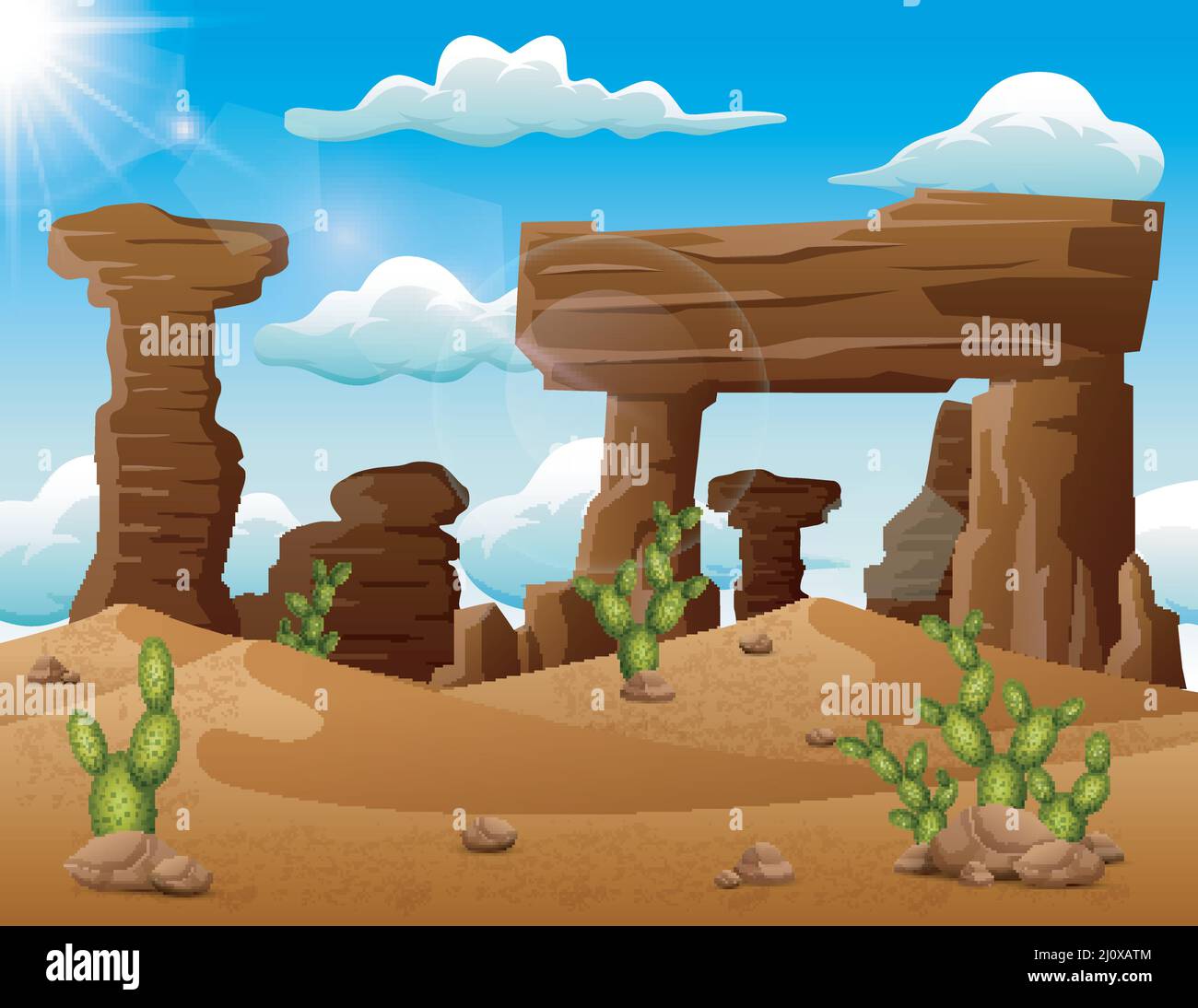 Desert landscape background with rocks and cactus Stock Vector