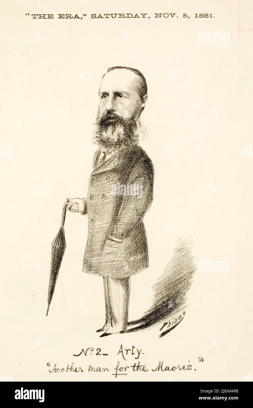 Sketch of a politician in power at the time of the 1881 general election in New Zealand, from a cartoon published in the Wellington Advertiser Supplement Stock Photo