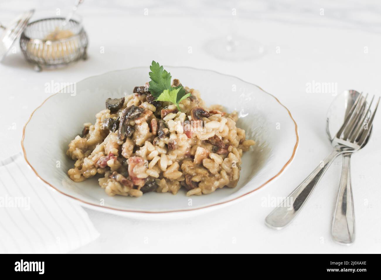 Risotto rice with mushrooms white ceramic plate Stock Photo