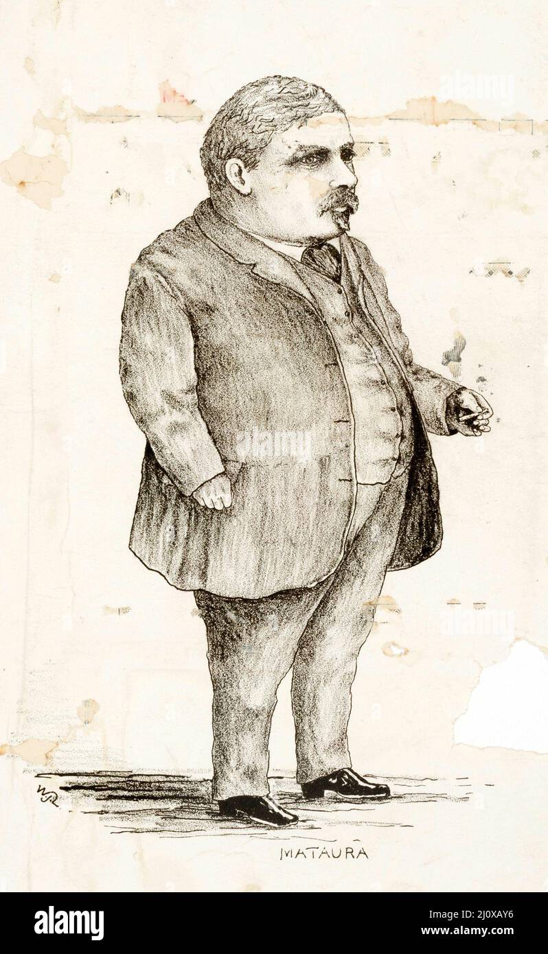 Sketch of a politician, Vincent Pyke from the Mataura electorate in Otago, at the time of the 1881 general election in New Zealand, from a cartoon published in the Wellington Advertiser Supplement Stock Photo