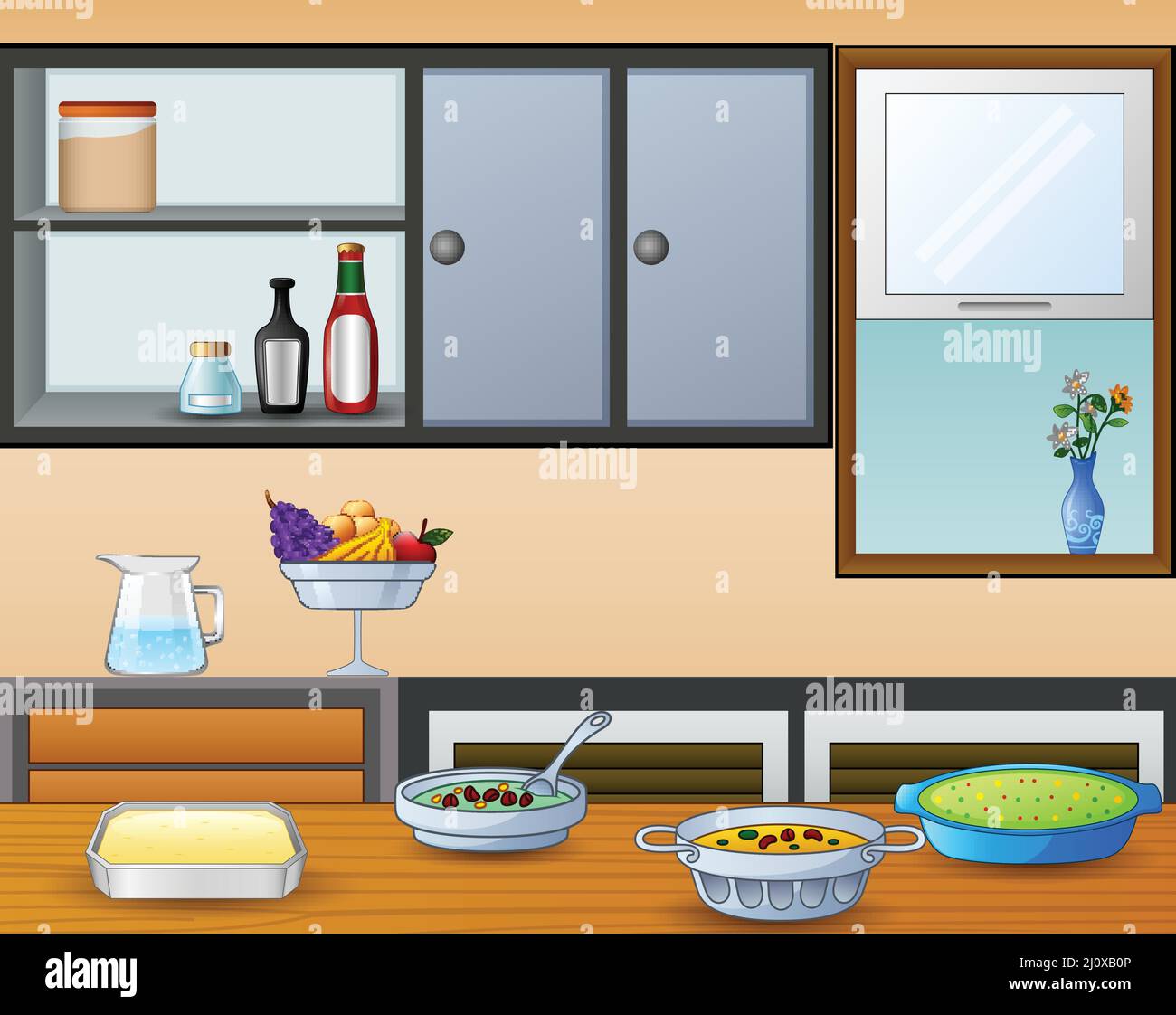 Cuisine on the dining table in the kitchen Stock Vector