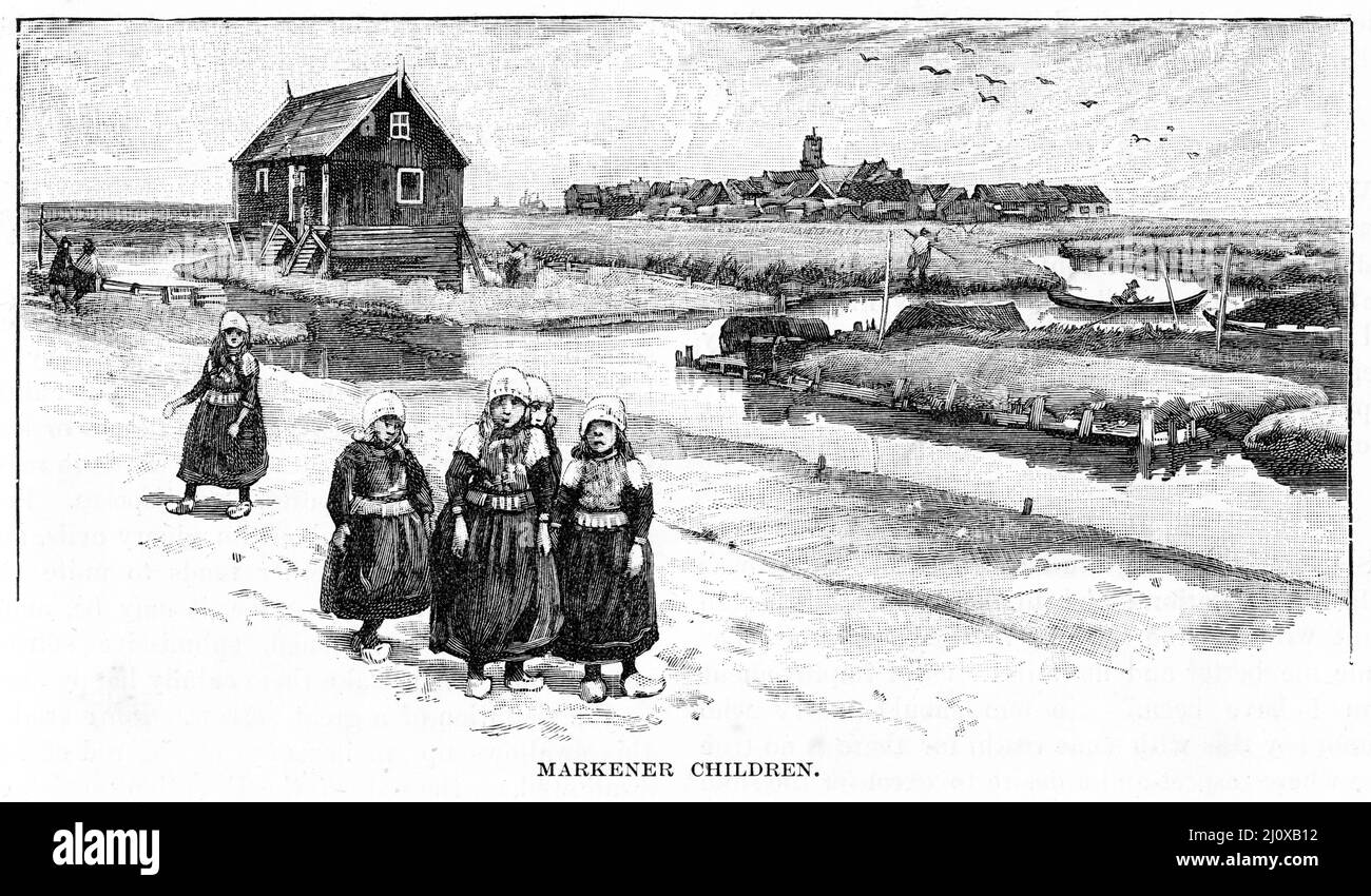 Engraving of markener children in traditional clothes and location Stock Photo