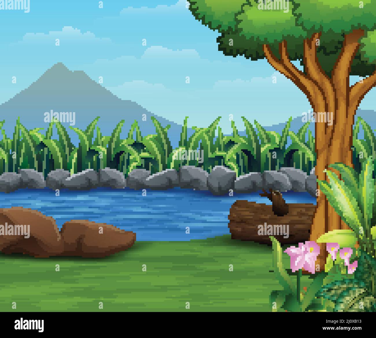 Nature landscape with a river and mountain background Stock Vector ...