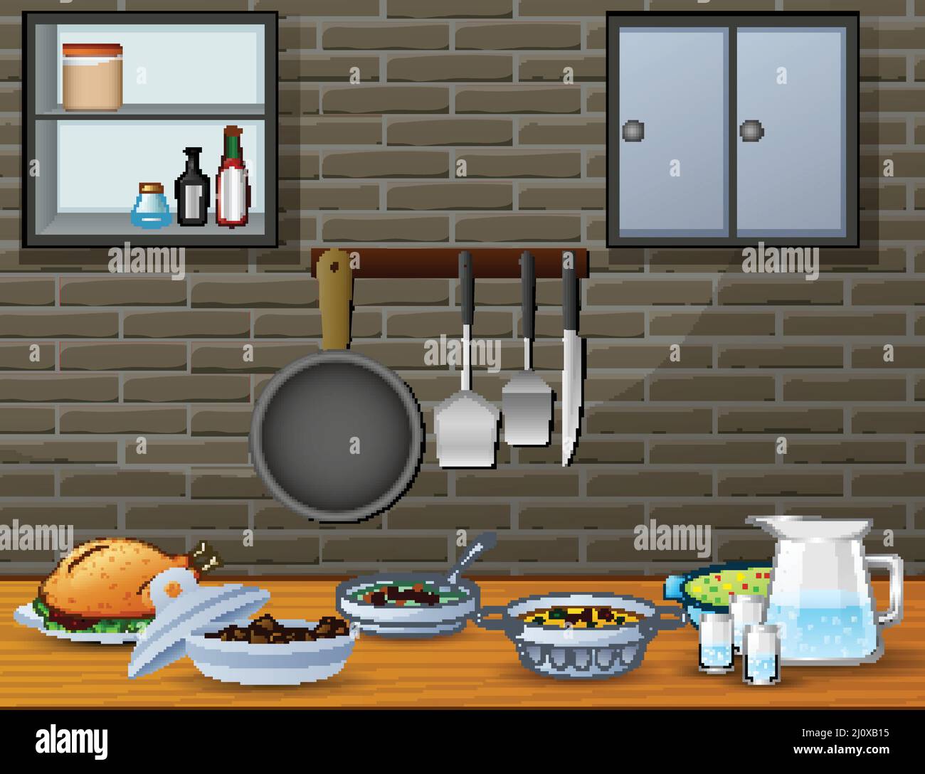 Cuisine on the dining table in the kitchen Stock Vector