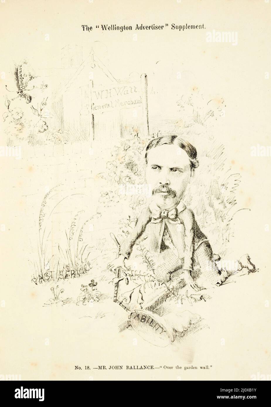 Sketch of colonial treasurer John Ballance after his electoral defeat in 1881, from a cartoon published in the Wellington Advertiser Supplement. Ballance went on to win re-election at later elections and greatly influenced New Zealand's land reforms. Stock Photo