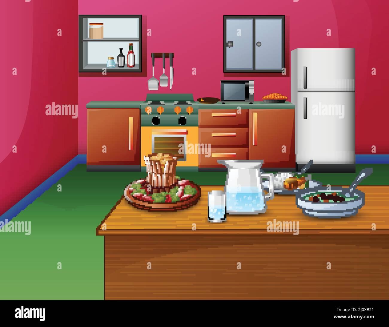 Cartoon pink style kitchen interior with wooden table and food Stock