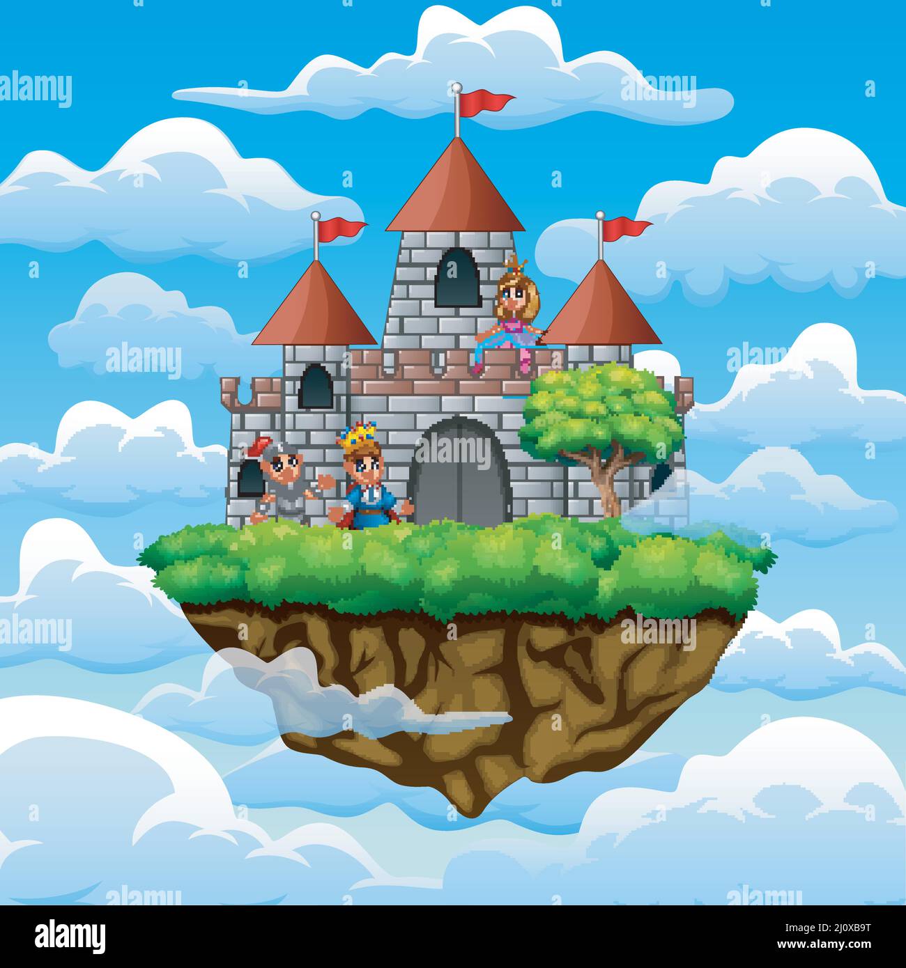 Cartoon prince and princess in front a castle on the cloud Stock Vector ...