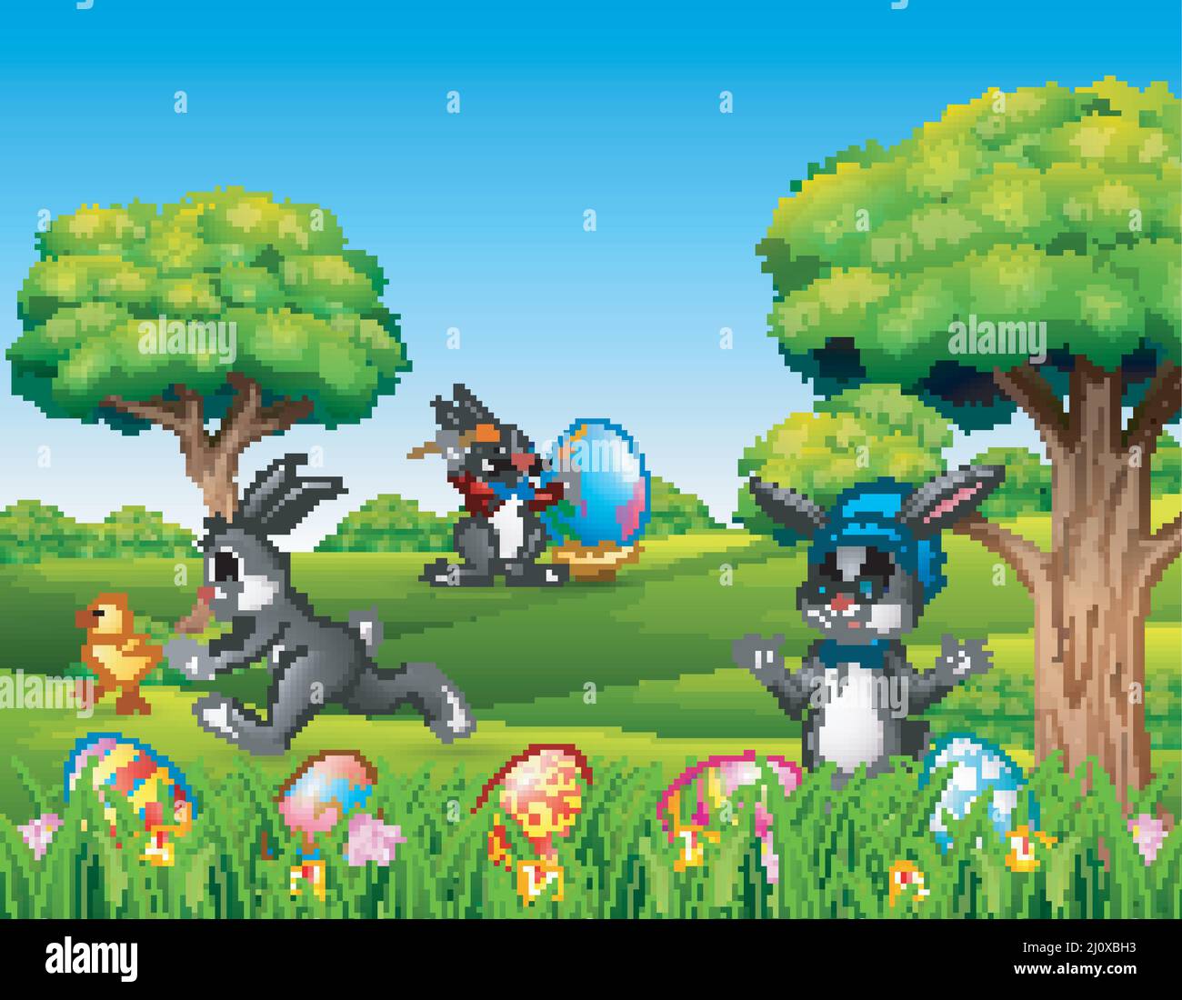 Easter bunnies and easter egg on the nature Stock Vector