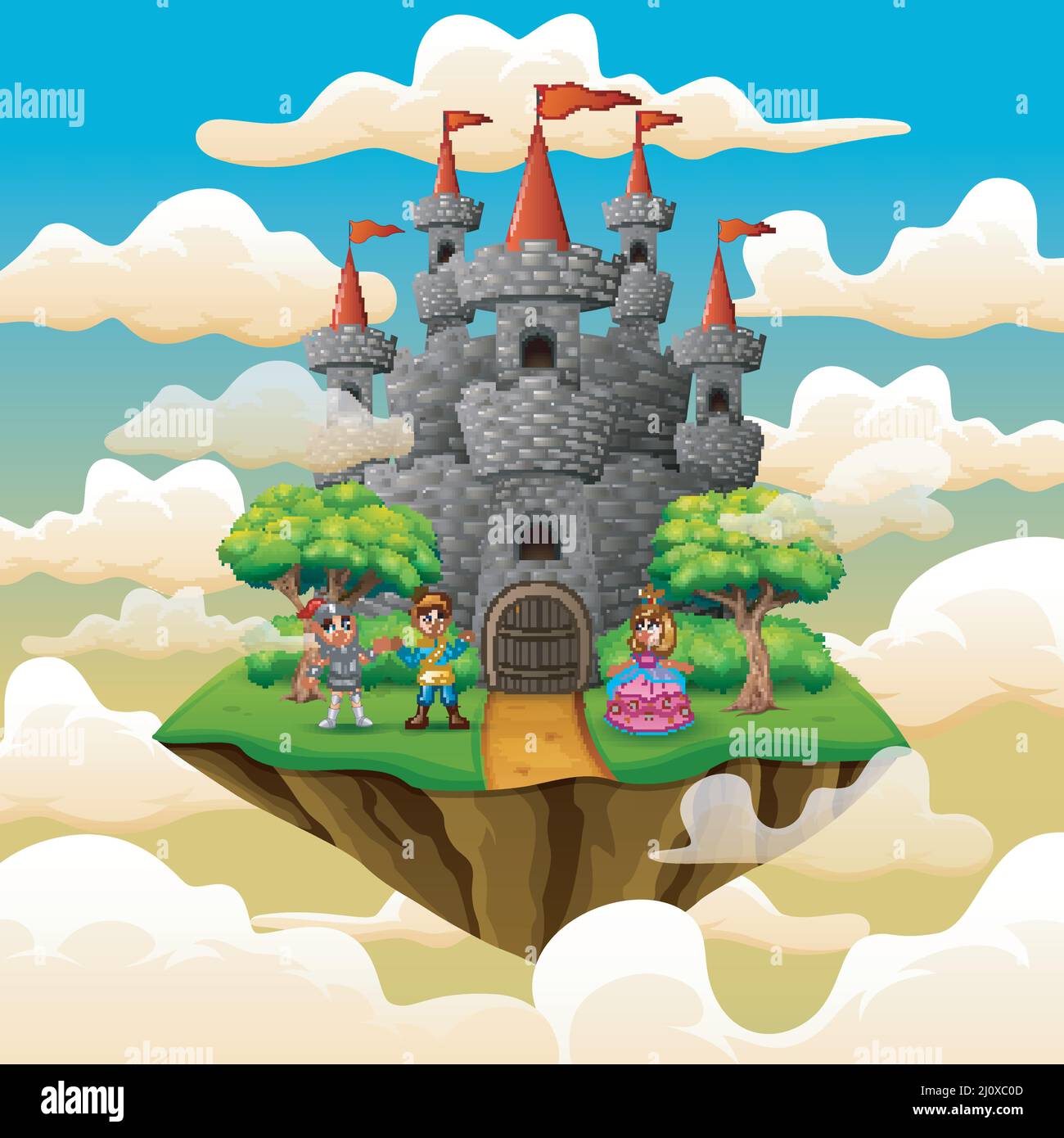 Cartoon prince and princess in front a castle on the cloud Stock Vector ...