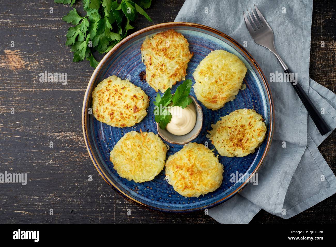 Hashbrown, hash brown potatoes fried pancakes, traditional american cuisine. Stock Photo