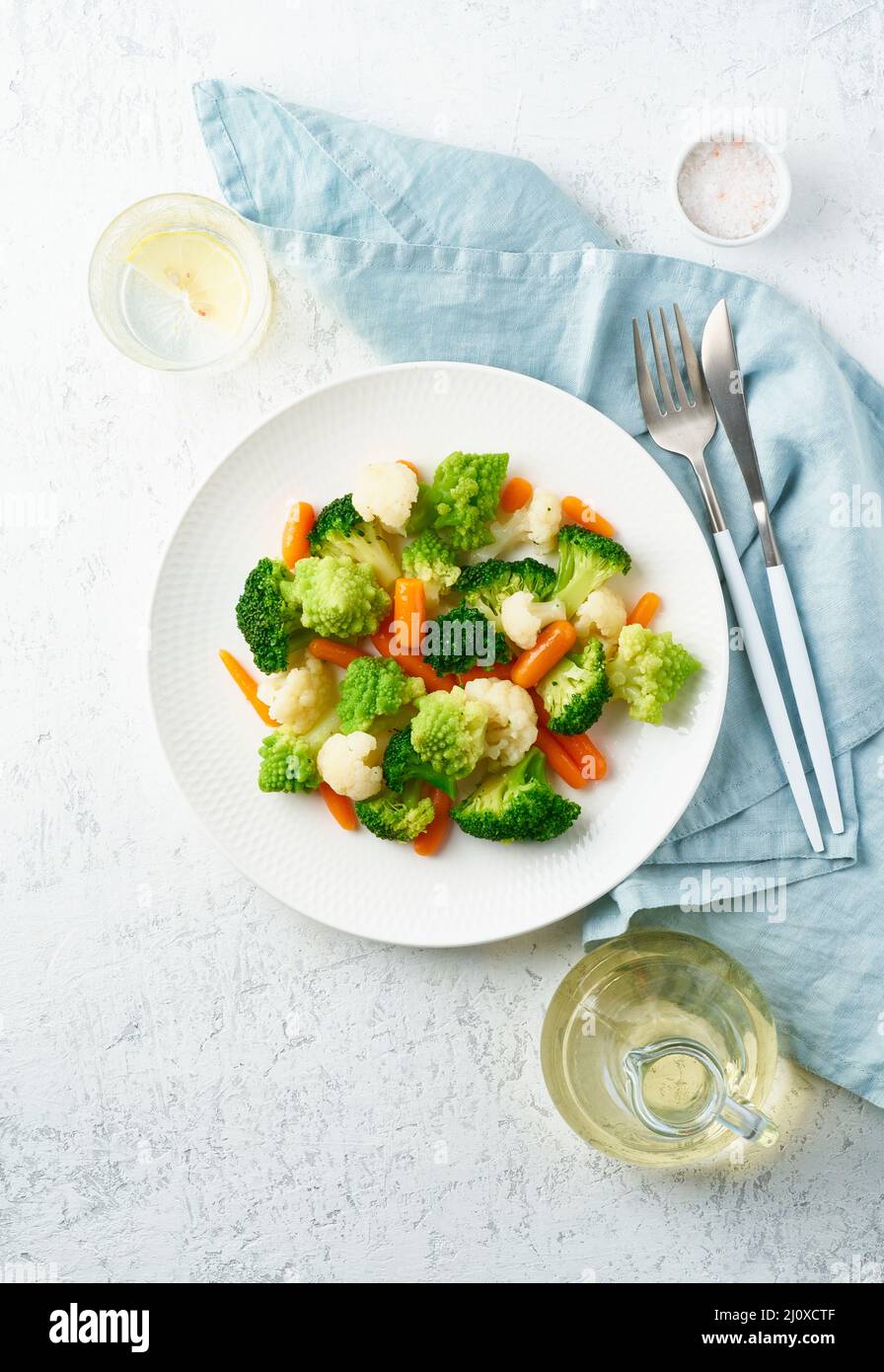 Mix of boiled vegetables. Broccoli, carrots, cauliflower. Steamed