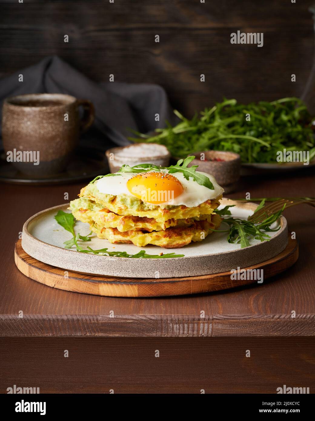 Chaffles, ketogenic diet health food. Homemade keto waffles with fried