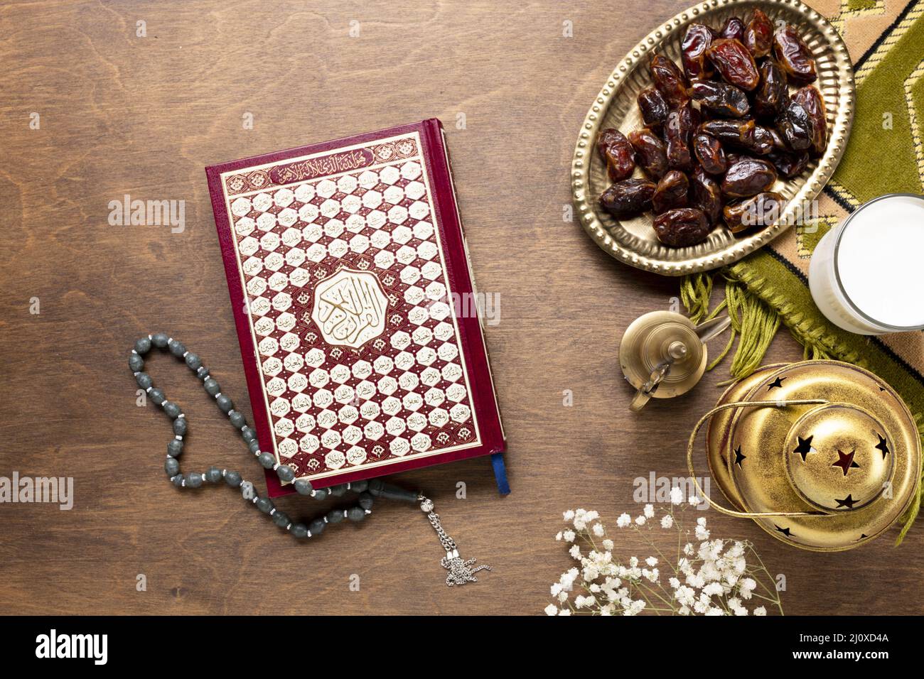 Quran prayer beads wooden table. High quality beautiful photo concept Stock Photo