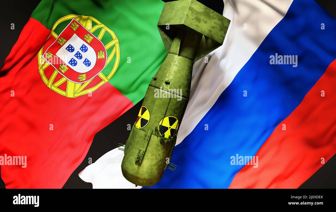 Portugal and Russia nuclear war, conflict and crisis. National flags and an atom bomb with radioactive logo to symbolize a nuclear threat and possible Stock Photo
