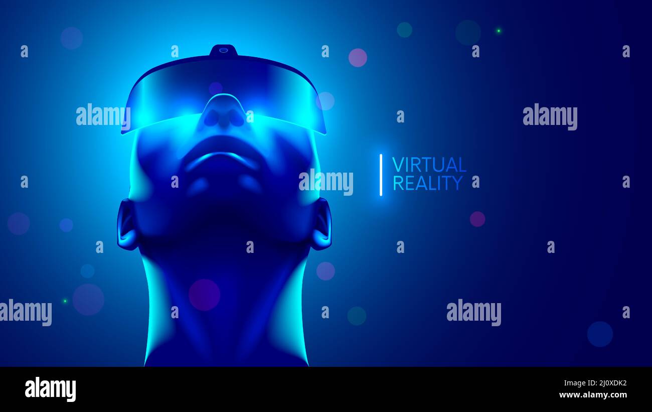 Afro american guy in futuristic virtual reality 3d headset or VR glasses looking up in virtual simulation. Augmented reality or AR helmet on head man Stock Vector