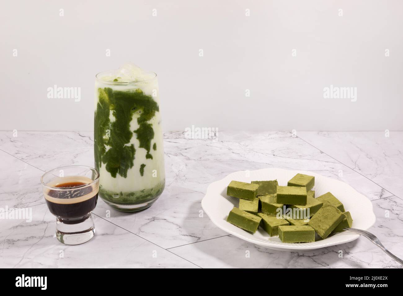 matcha green tea latte, dessert and chocolate Stock Photo Alamy