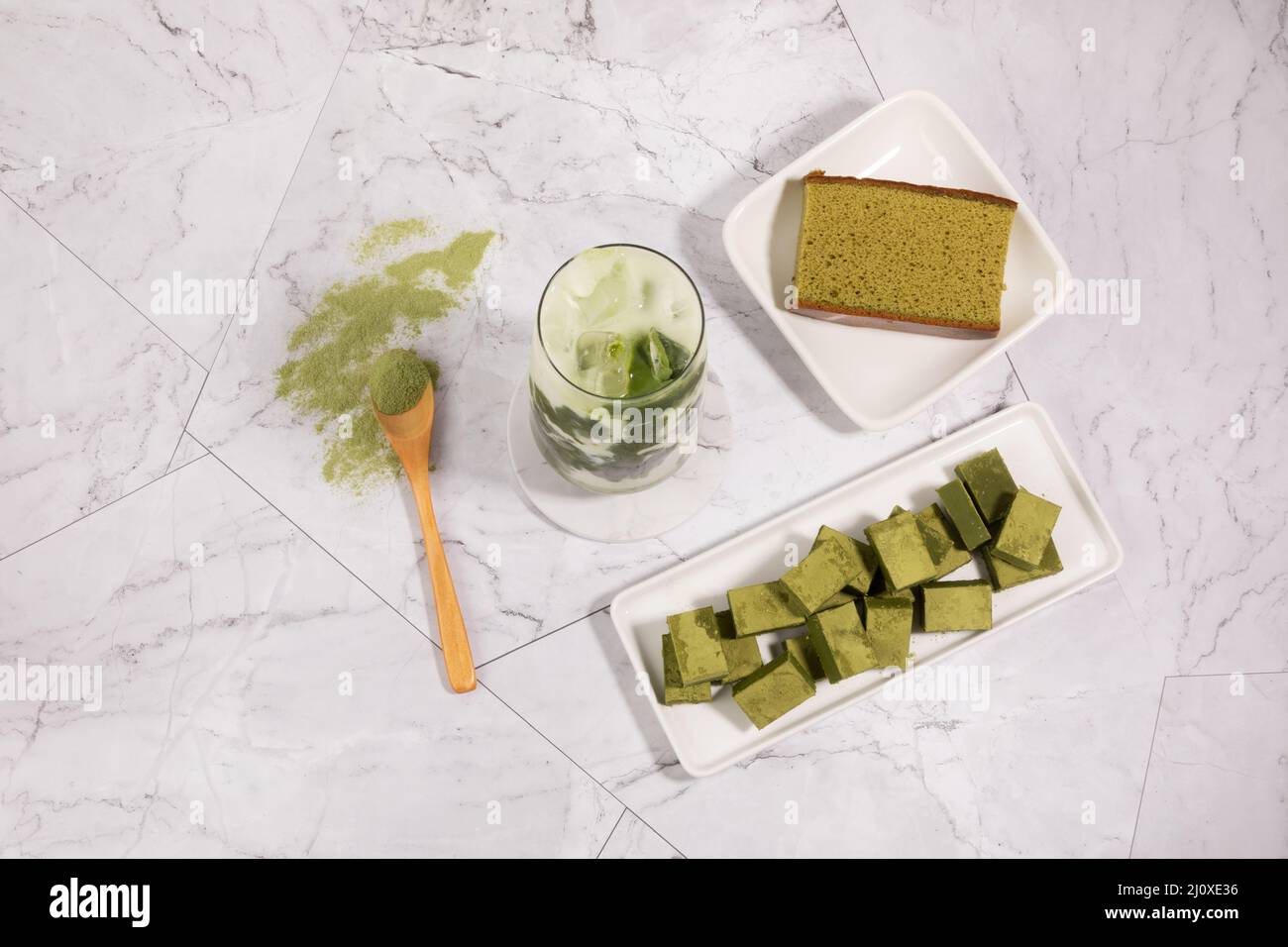 matcha green tea latte, dessert and chocolate Stock Photo Alamy