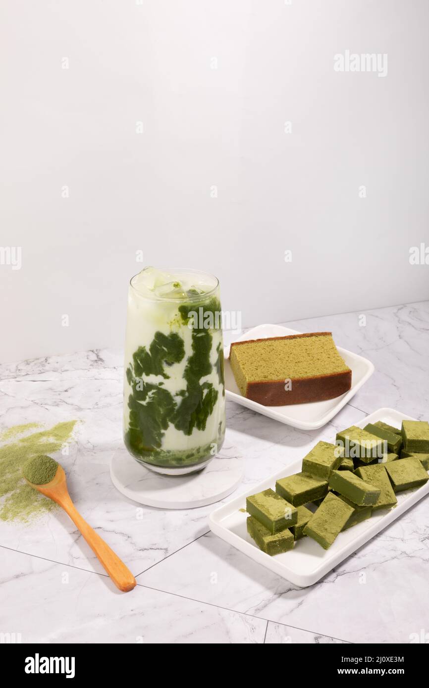 matcha green tea latte, dessert and chocolate Stock Photo Alamy