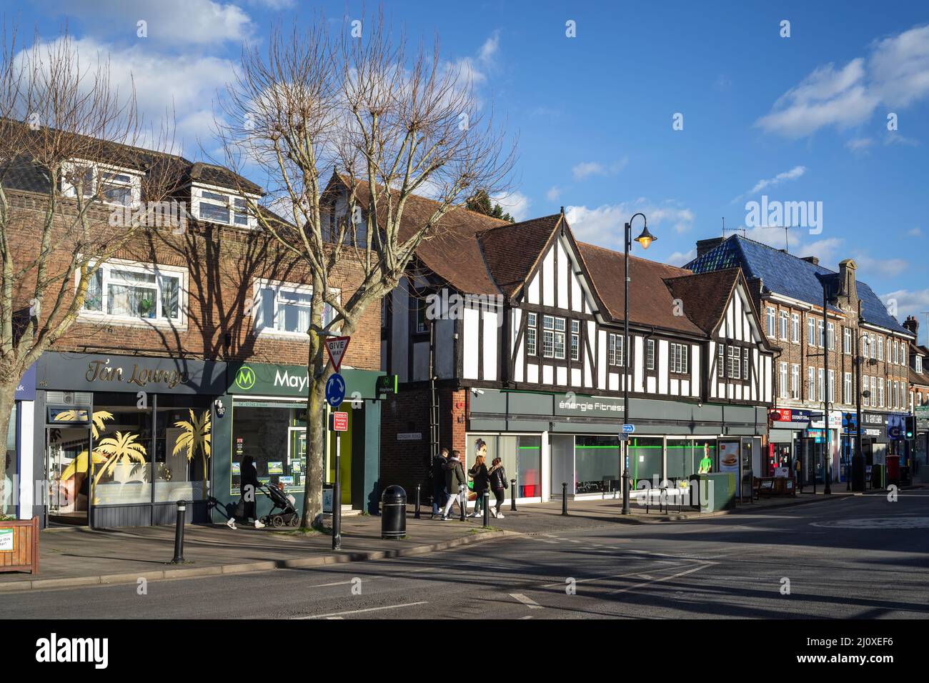 EAST GRINSTEAD, WEST SUSSEX, UK - JANUARY 31: View of shops in East Grinstead on January 31, 2022. Unidentified people Stock Photo