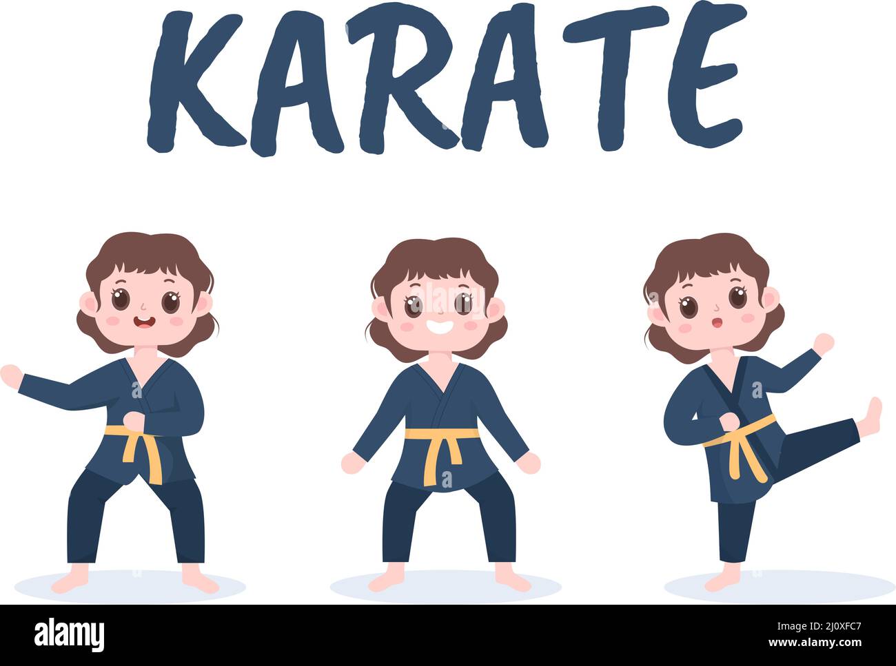 Cute Cartoon Kids Doing Some Basic Karate Martial Arts Moves, fighting Pose and Wearing Kimono in Flat Style Background Vector Illustration Stock Vector