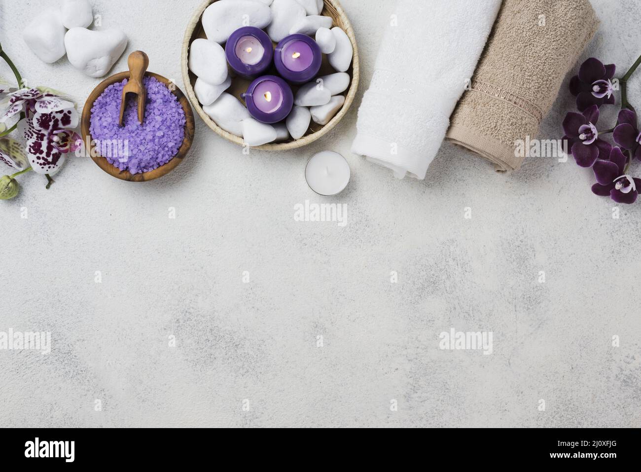 Top view spa towels candles with copy space Stock Photo