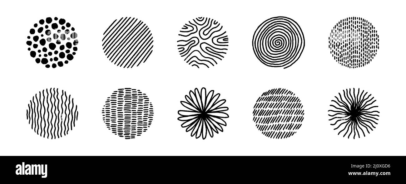Hand drawn circles with doodle texture. Modern abstract set black round shape with lines, circles, drops. Hand drawn organic doodle shapes. Colletion Stock Vector