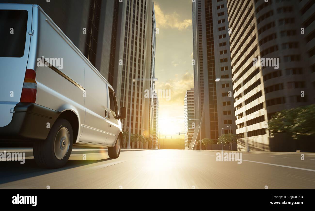 Delivery white van in the city street Stock Photo
