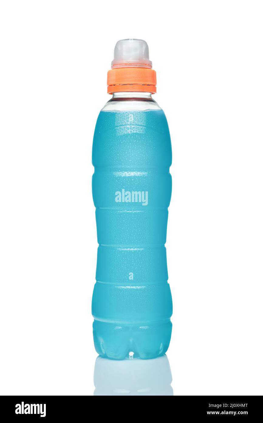Bottle of the Isotonic energy drink with blue liquid covered by dew