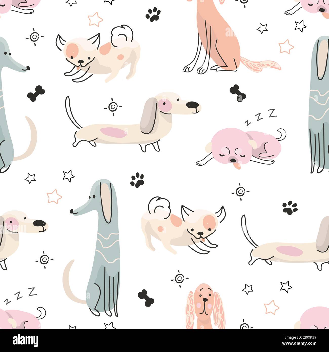 Doodle dog print. Funny dogs seamless pattern, childish scandinavian drawing puppy. Fabric design with cartoon pets, nowaday line animals vector Stock Vector