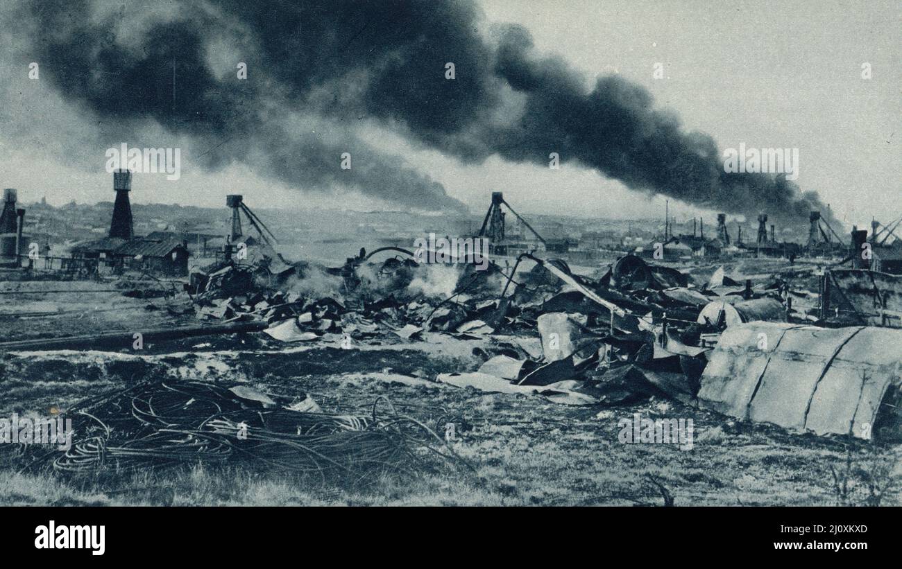 Oil field at Boryslav (now in Ukraine) set ablaze by retreating Russian Army in 1915; Black and white photograph Stock Photo