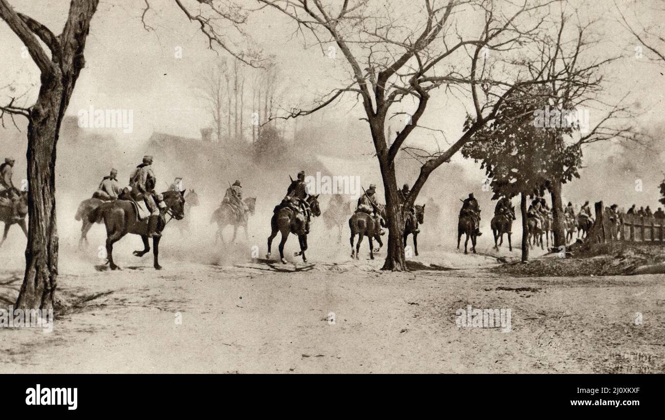 The Tyrolese Mounted Rifles pursuing retreating Russians in Galicia (now part of Ukraine); 1915; Black and white photograph Stock Photo