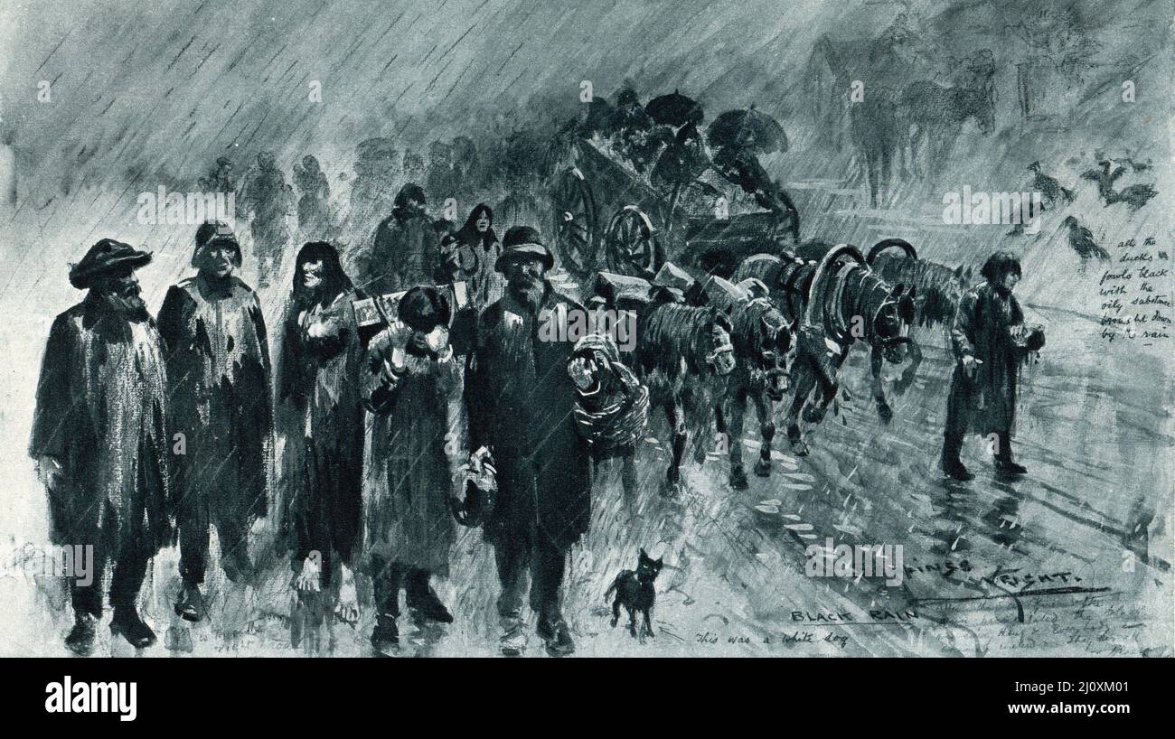Refugees in Galicia (now part of Ukraine) walk through black rain caused by Russian forces setting fire to the oil wells 1915; Black and white photograph Stock Photo