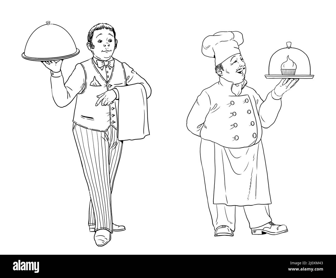 Confectioner and Waiter. Chef cook for coloring book. Stock Photo