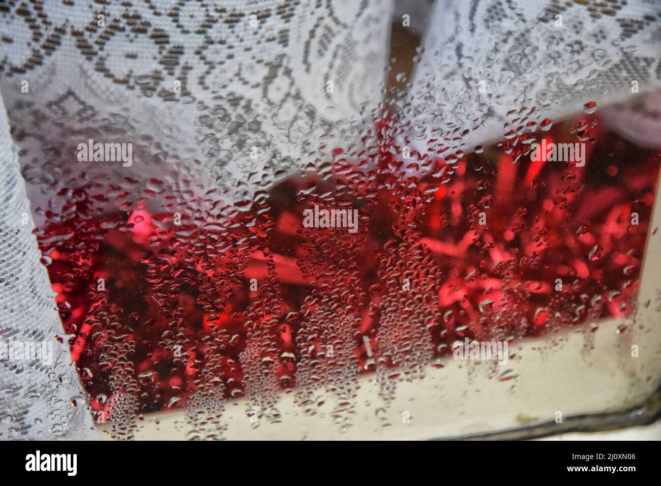 condensation on window with red tinsel and lace curtain, england Stock Photo Alamy