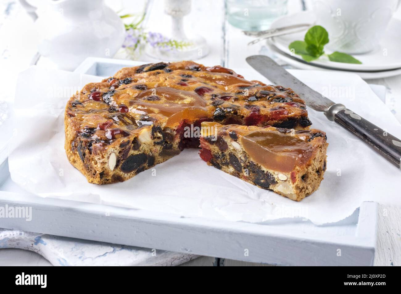 Traditional Australian Christmas cake with fruits and nuts served as ...