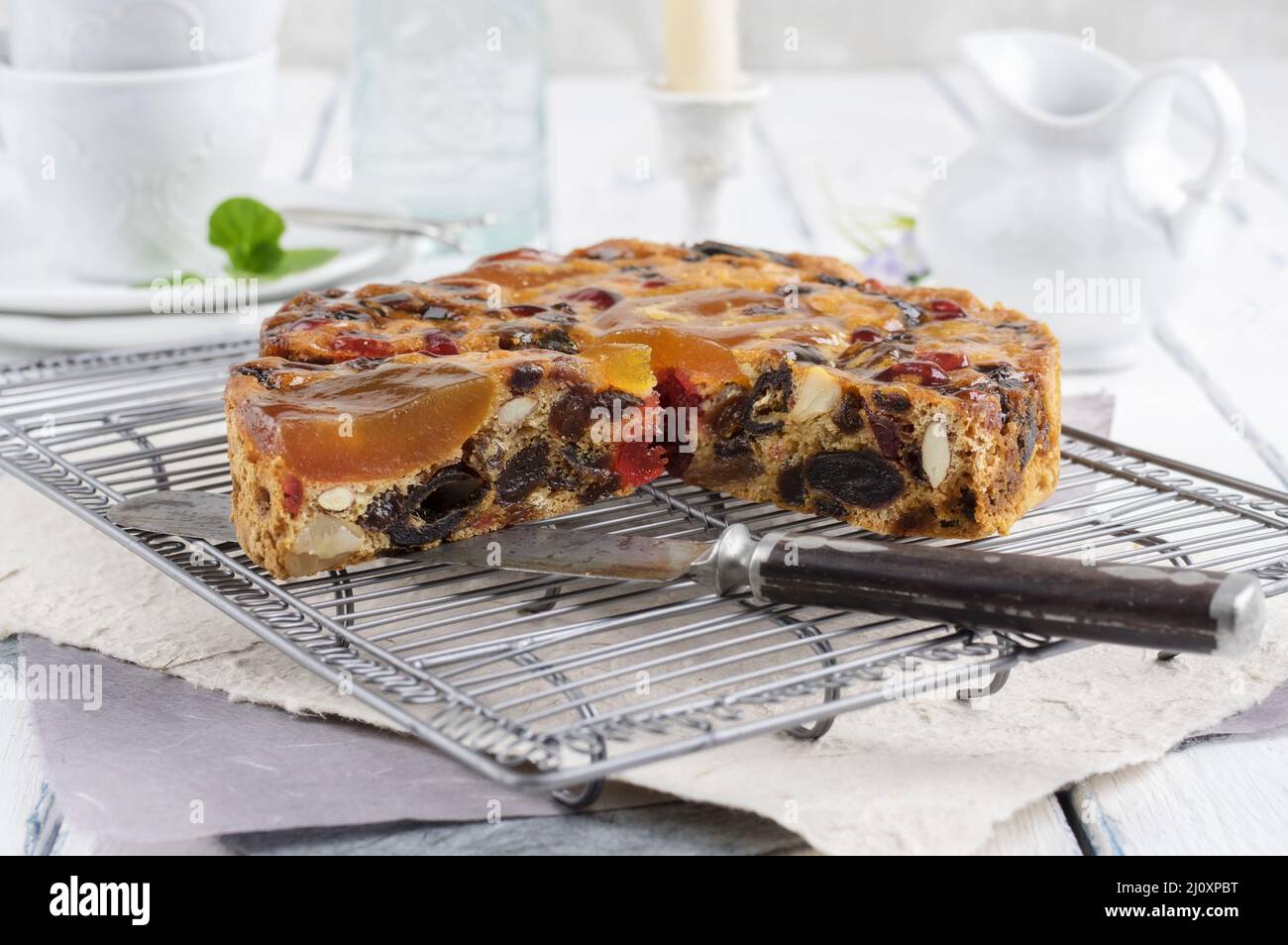 Traditional Australian Christmas cake with fruits and nuts served as close-up on a cake plate Stock Photo