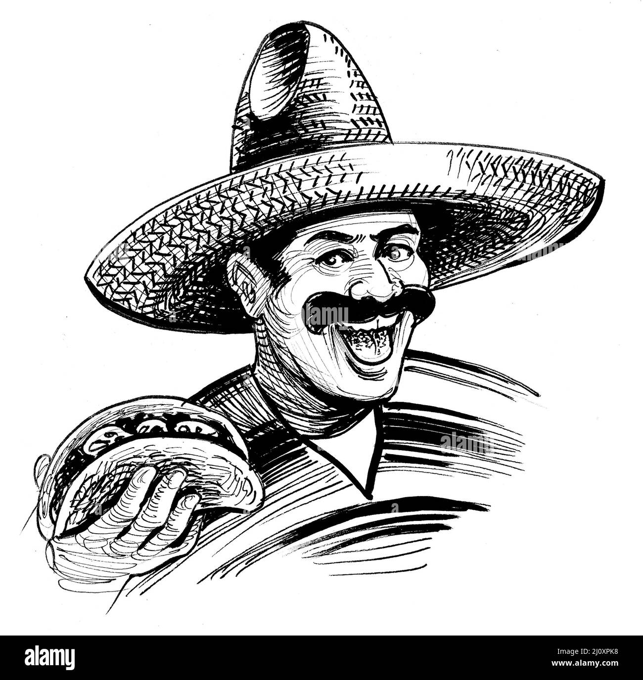 Happy Mexican eating taco. Ink black and white drawing Stock Photo