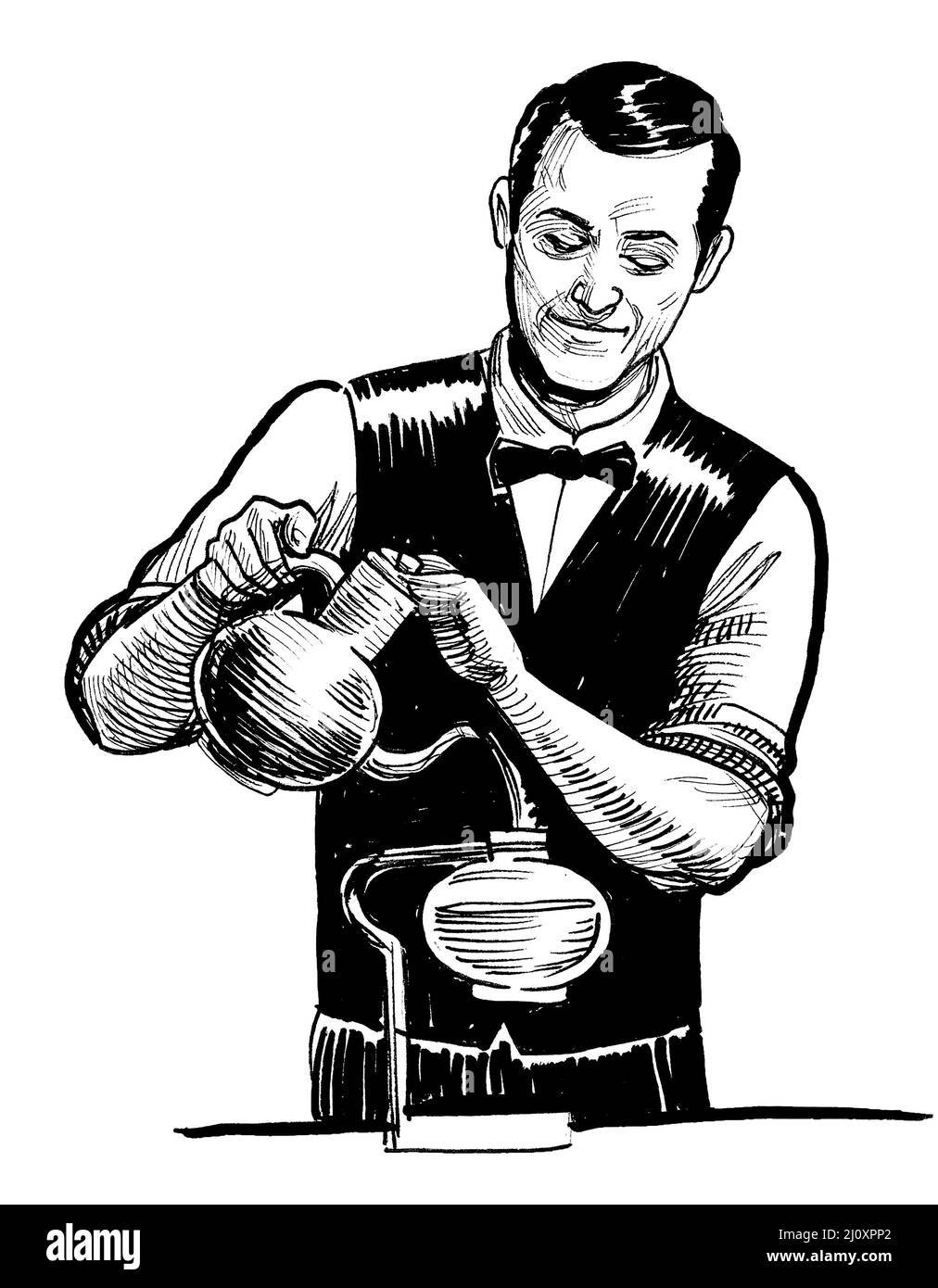 Barista brewing coffee. Ink black and white drawing Stock Photo