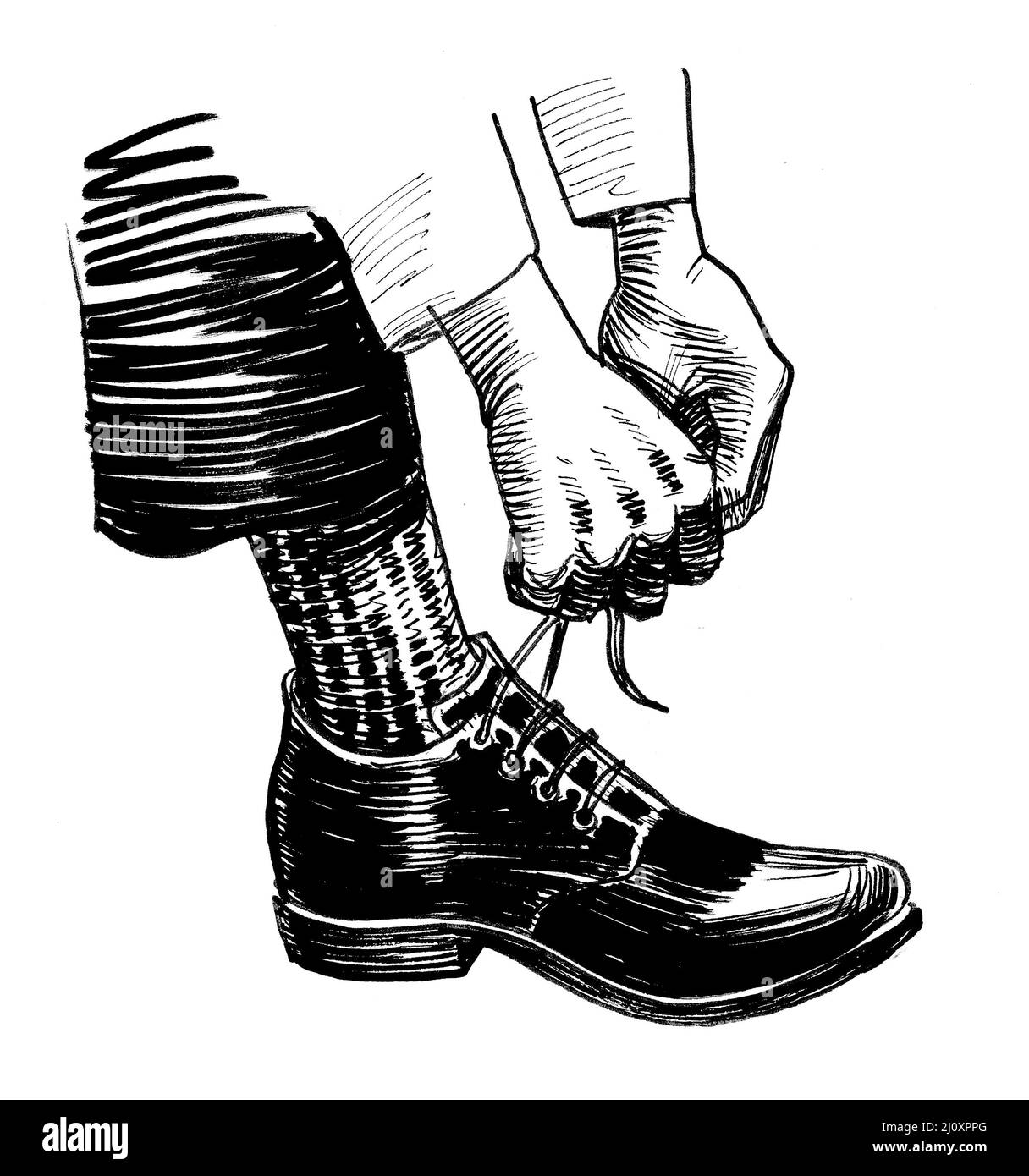 Hands tying laces on shoe. Ink black and white drawing Stock Photo - Alamy