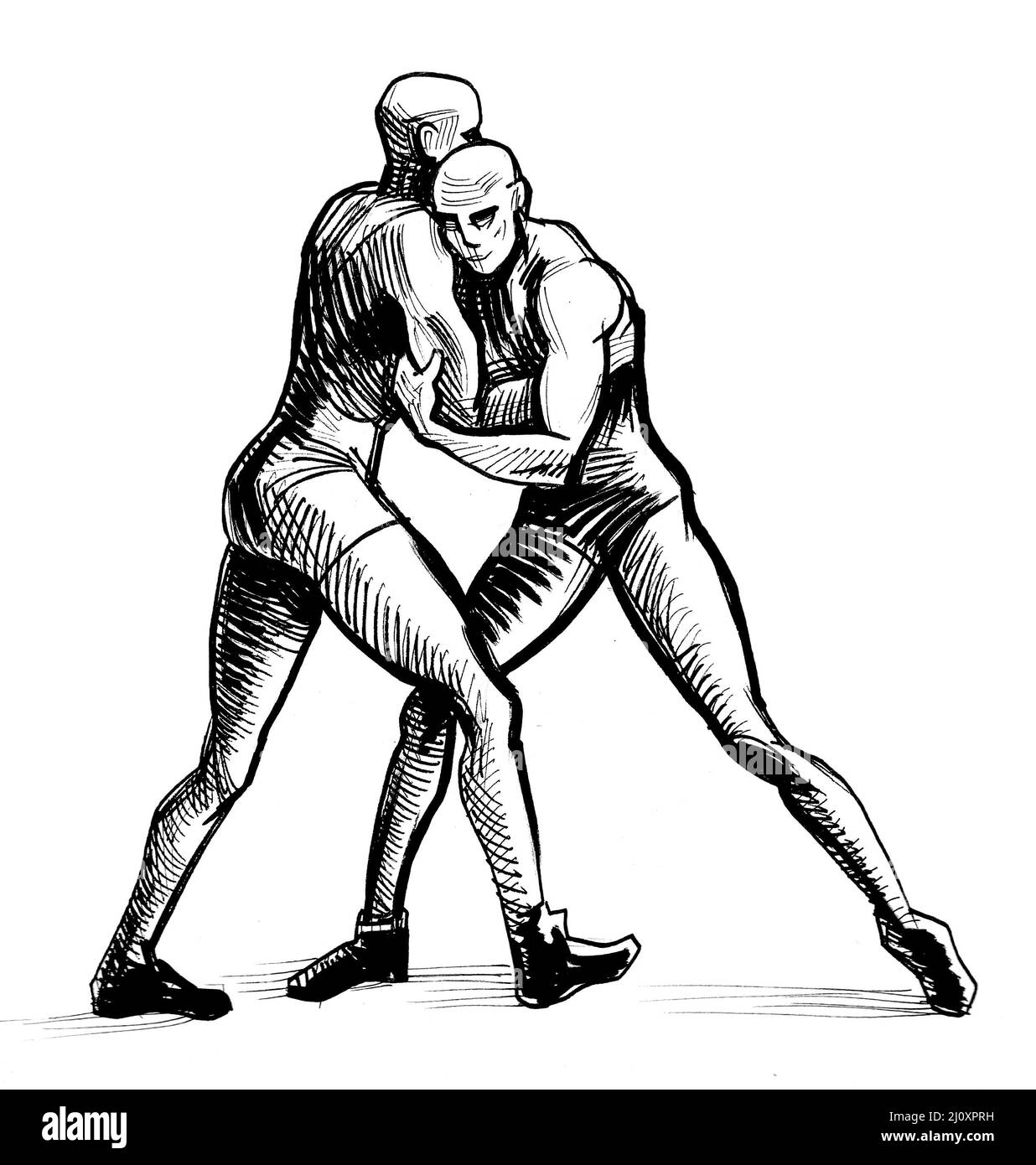 Wrestling athletes. Ink black and white drawing Stock Photo Alamy