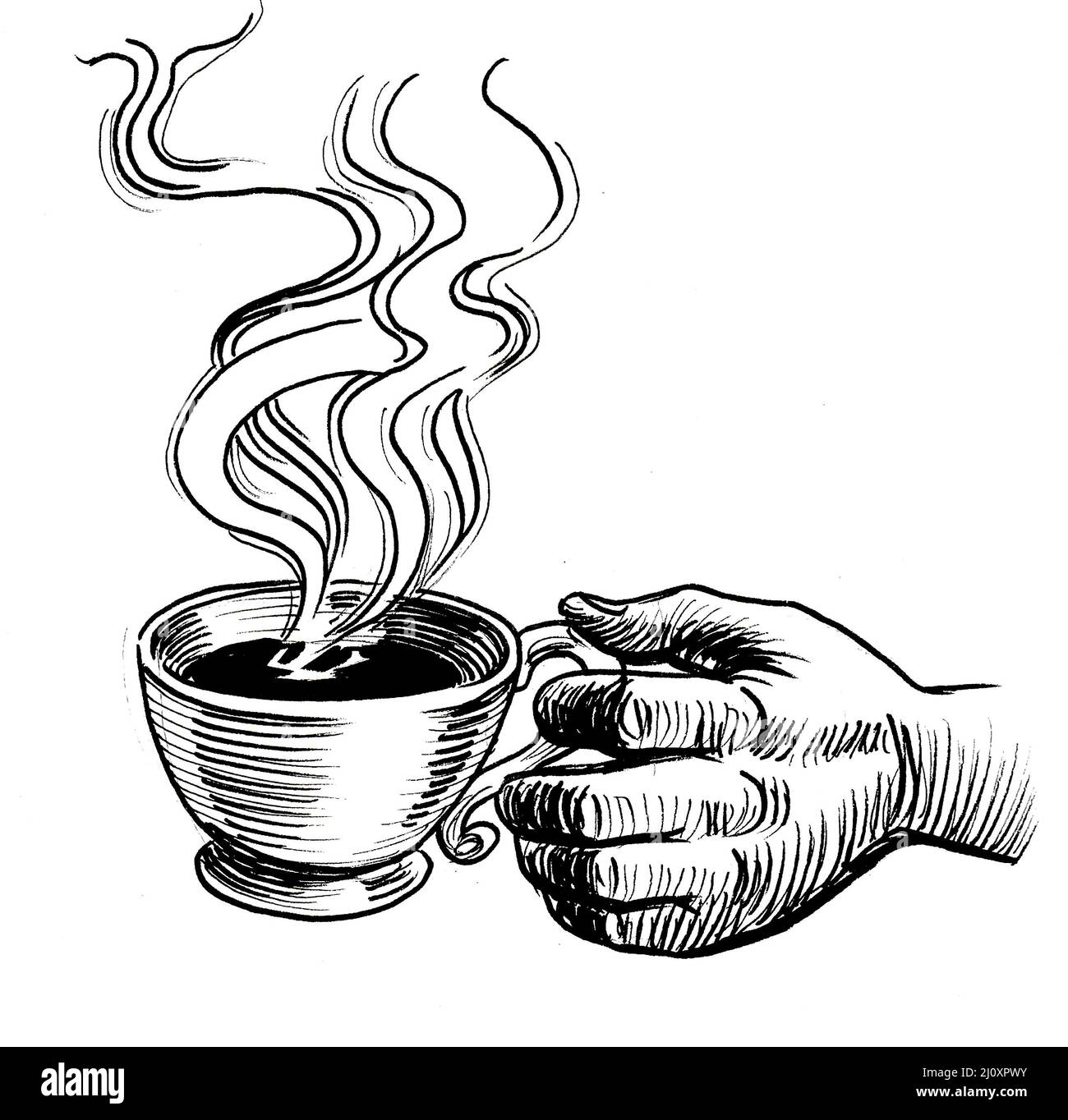 Hand with a cup of coffee. Ink black and white drawing Stock Photo