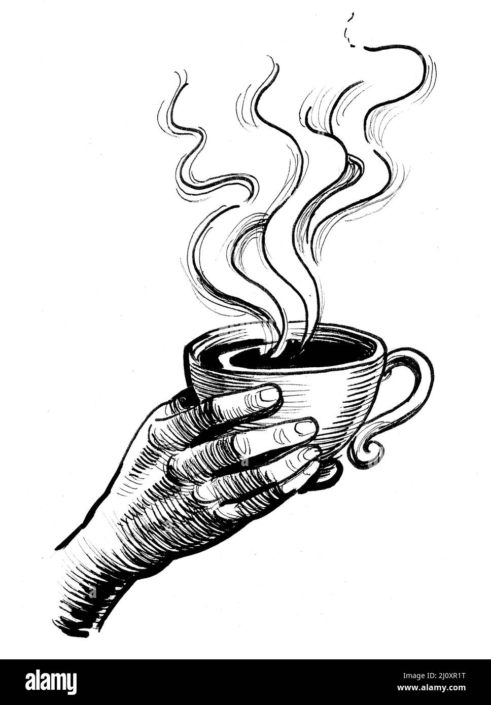 Hand with a cup of coffee. Ink black and white drawing of a hand holding a cup of coffee Stock Photo