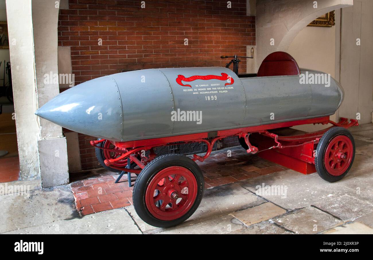 The original La Jamais Contente record breaking car in 1899 in museum in Compiegne France Stock Photo